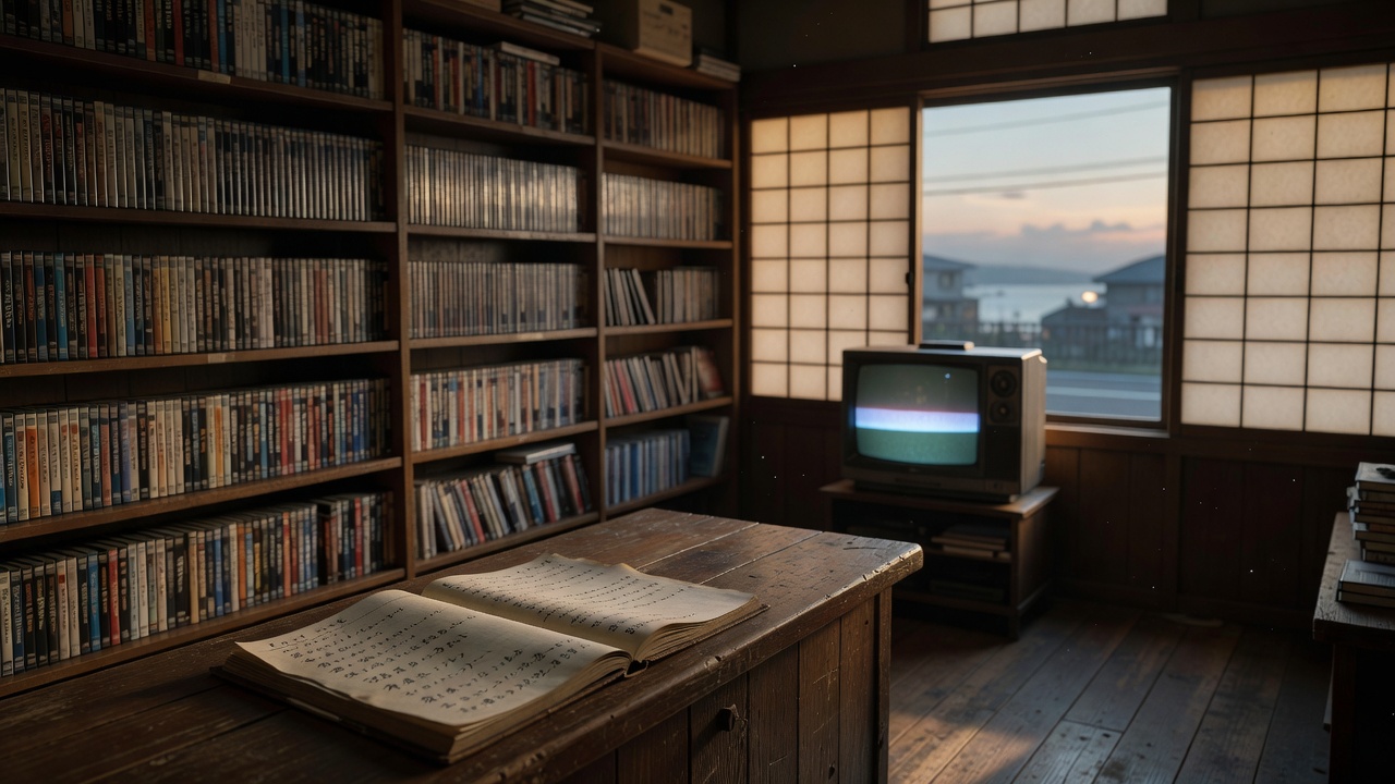 傍晚的小镇影像出租店内景，木质货架上排满碟片盒，柜台摊开一本登记本，靠窗的老电视泛着微光