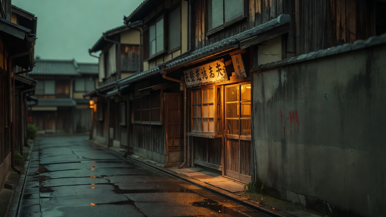夜间老旧街区街景，店内暖光透出玻璃，街边墙上有一处红色标记