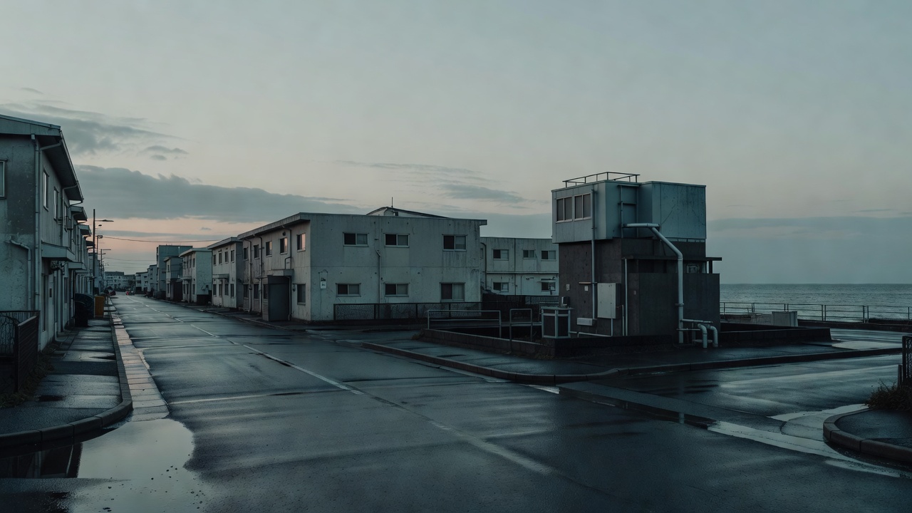 东京湾岸填海住宅区黄昏实景，低层公寓群与排水泵站，雨后路面反光