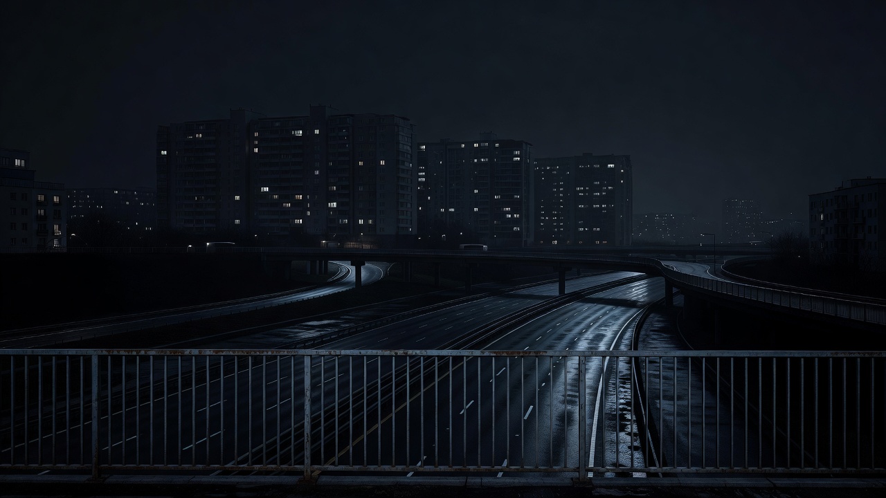 夜色中的城市高架与金属围栏，远处楼群灯光稀疏，都市边缘感强烈