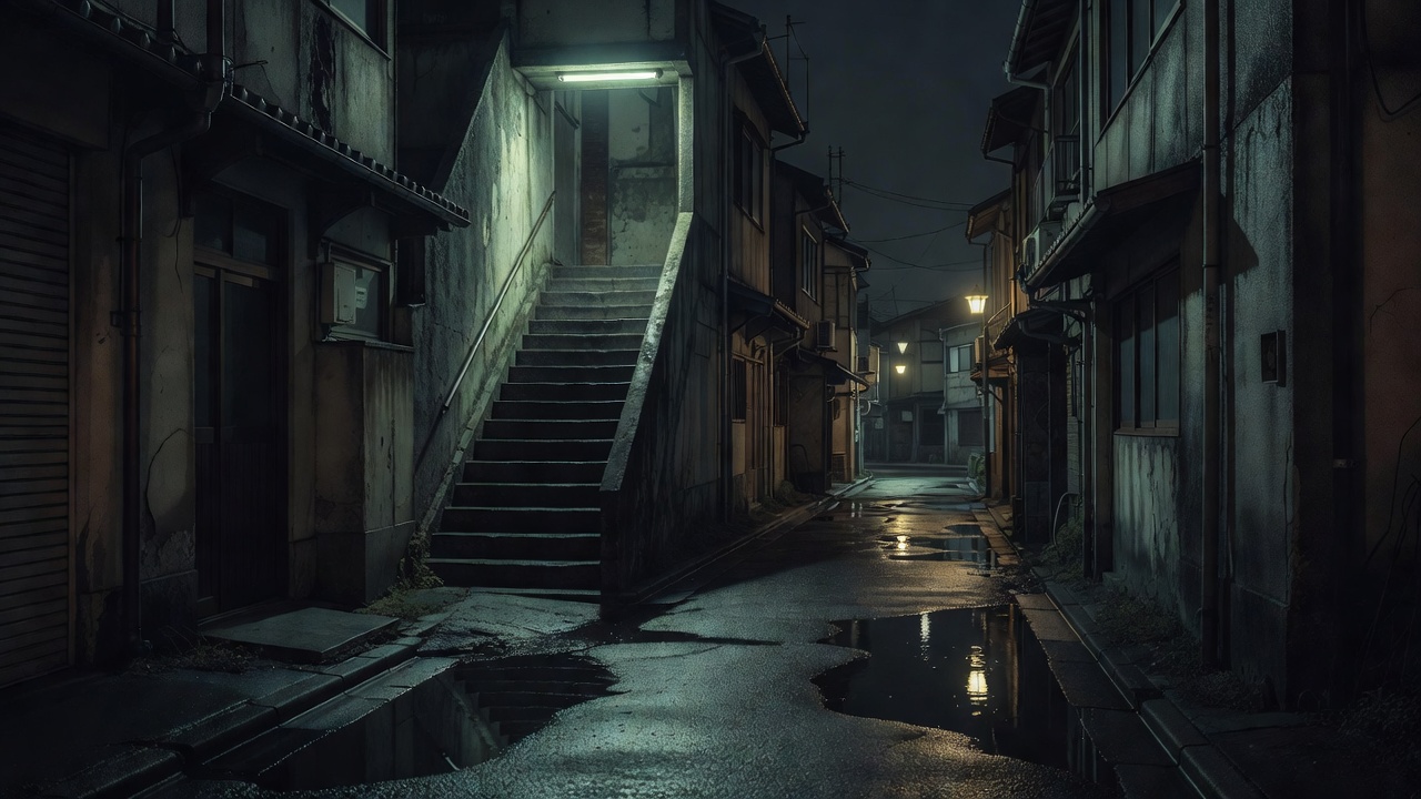 日本二区剧集中的旧城街区夜景与楼道空镜画面