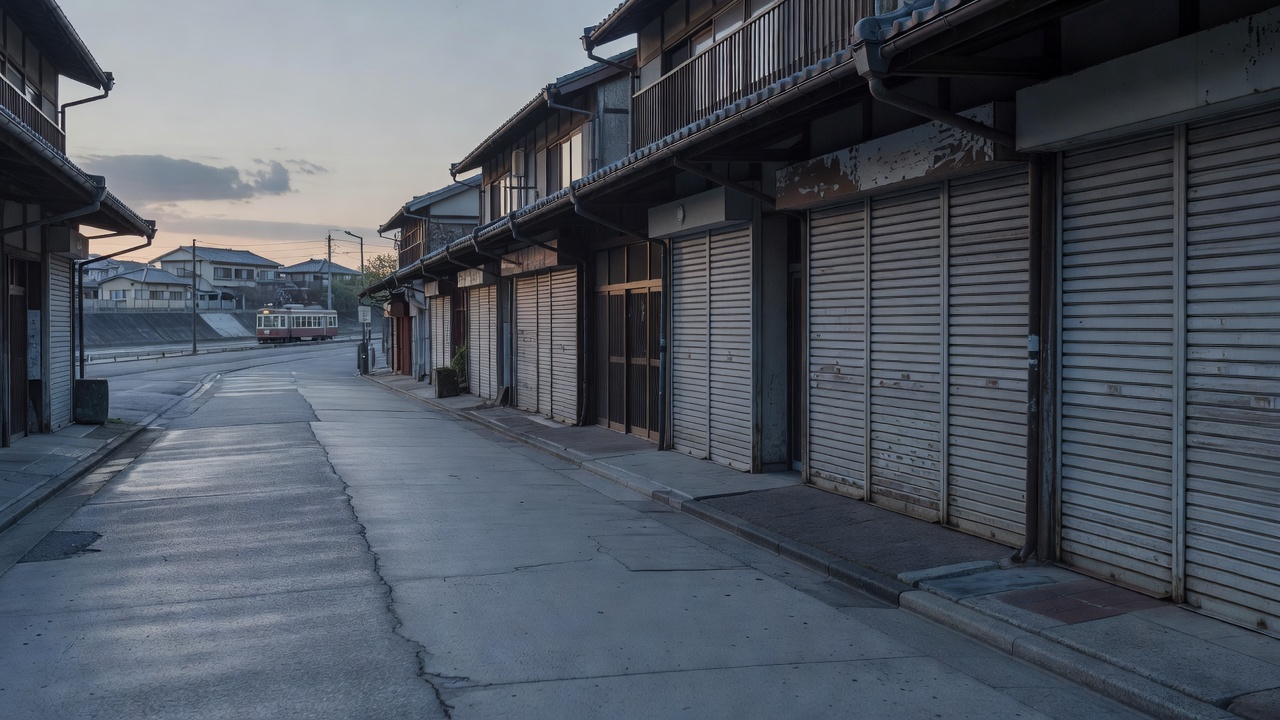 黄昏时分的旧城区坡道与市场拱廊，远处有电车驶过，整体呈冷灰色调
